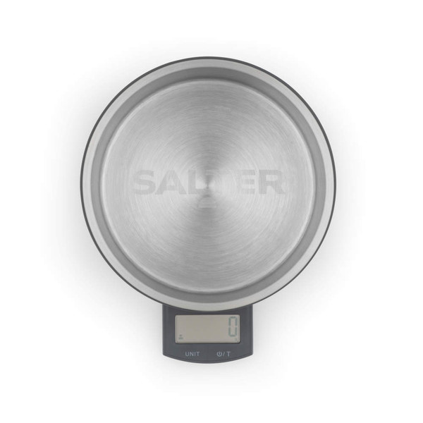 Stainless steel digital kitchen scale with round bowl, display shows zero.