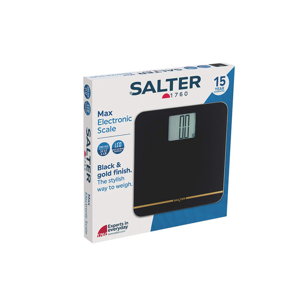 Black and gold Salter electronic bathroom scale in retail packaging