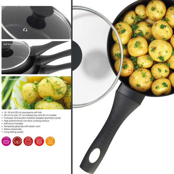 Saucepan with soft-touch handle and glass lid, shown with boiled potatoes and herbs
