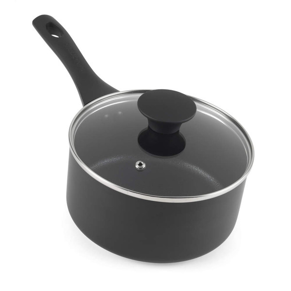 Black non-stick saucepan with glass lid and handle, shown at angle