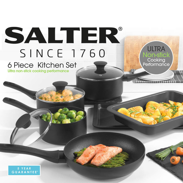 Salter 6 piece black non-stick kitchen cookware set including pans and baking tray