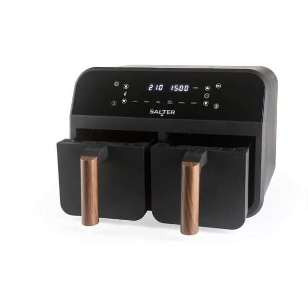 Black dual basket air fryer with wood-effect handles and digital display, product photo