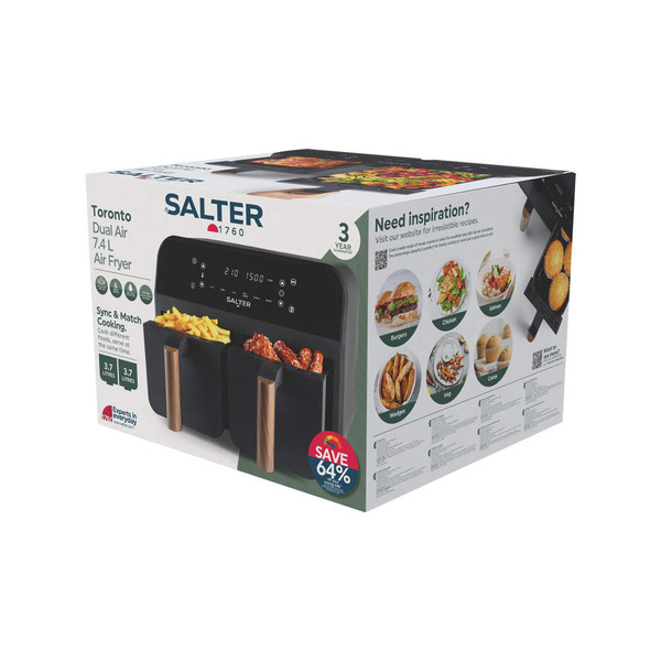 Salter Toronto Dual Air 7.4L air fryer retail box showing product features and imagery