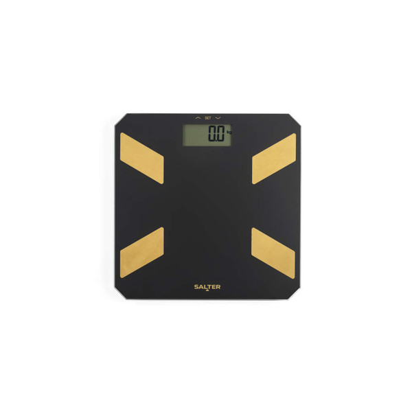 Black and gold digital bathroom scale, top view