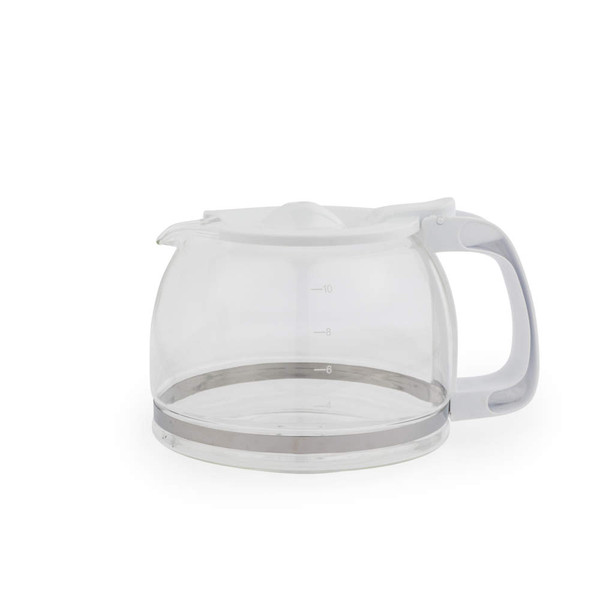 Clear glass coffee pot with white lid and handle, showing cup measurements on the side