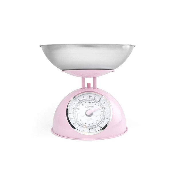 Pink mechanical kitchen scale with large stainless steel bowl, front view