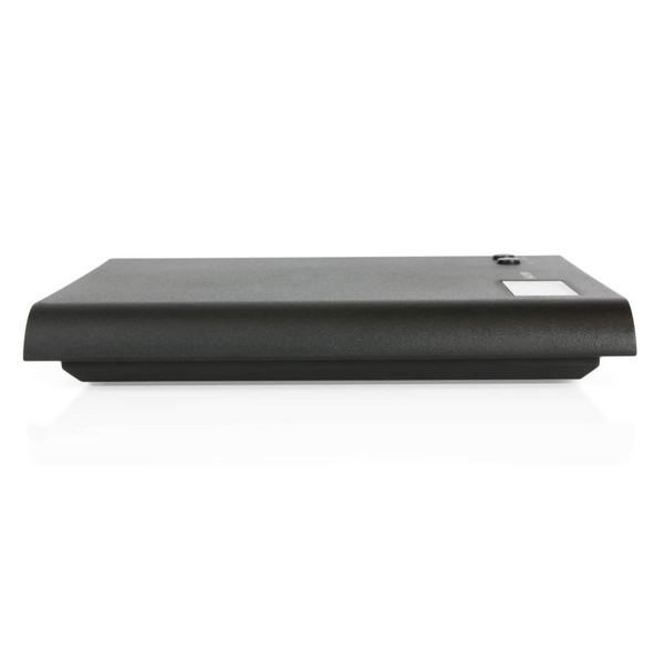 Black desktop device with buttons and display, shown from side angle