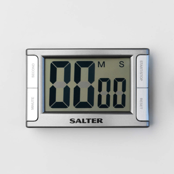 Silver Salter digital kitchen timer with large LCD display, shown from above.