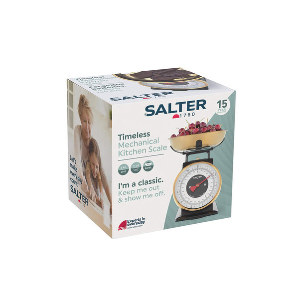 Salter mechanical kitchen scale in gold shown on product packaging