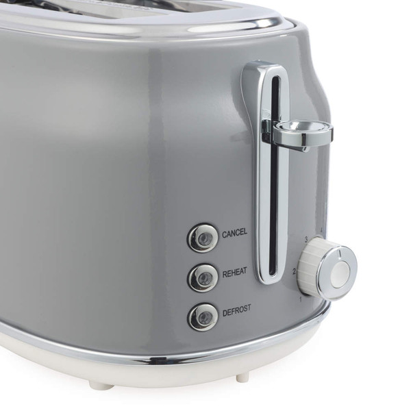 Grey 2-slice toaster with chrome accents, shown close-up with control buttons and dial
