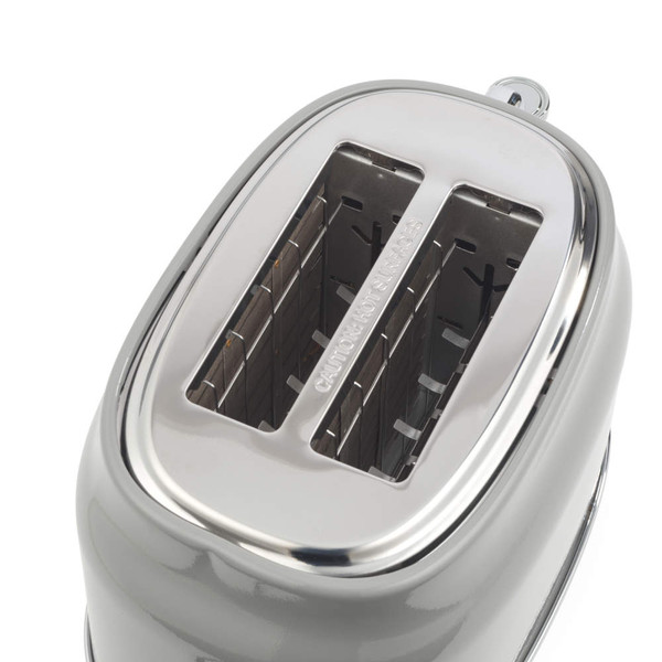 Grey two-slice toaster, top view showing slots and chrome finish