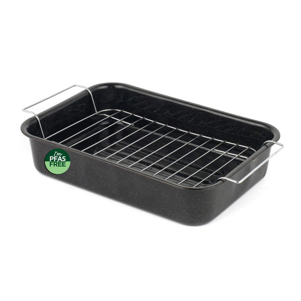 Black roasting tin with rack and PFAS free label