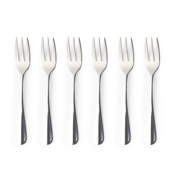 Set of six stainless steel dessert forks with silver finish, shown on white background