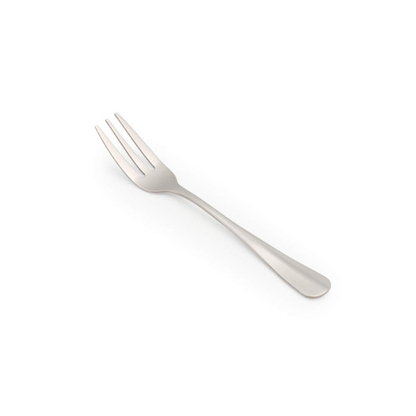 Silver dessert fork with three prongs, shown on white background