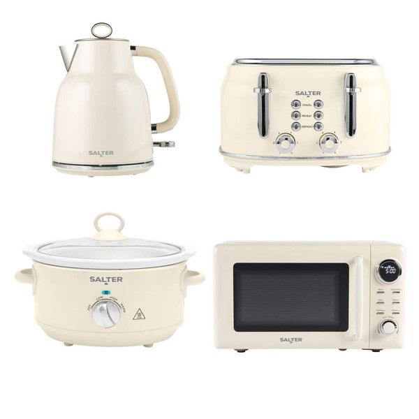 Set of cream kitchen appliances: four-slice toaster, kettle, microwave, and slow cooker