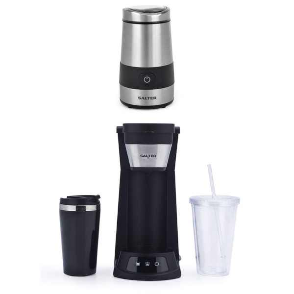 Salter coffee grinder and black single serve coffee maker with travel mug and clear tumbler.