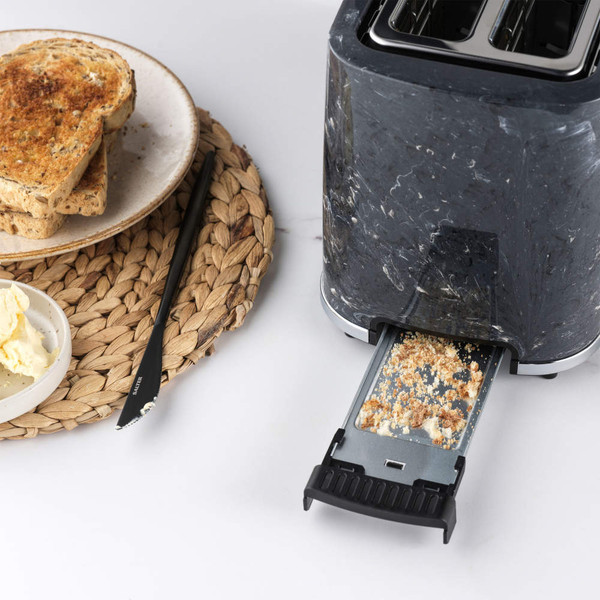 Black marble 2-slice toaster with removable crumb tray shown pulled out