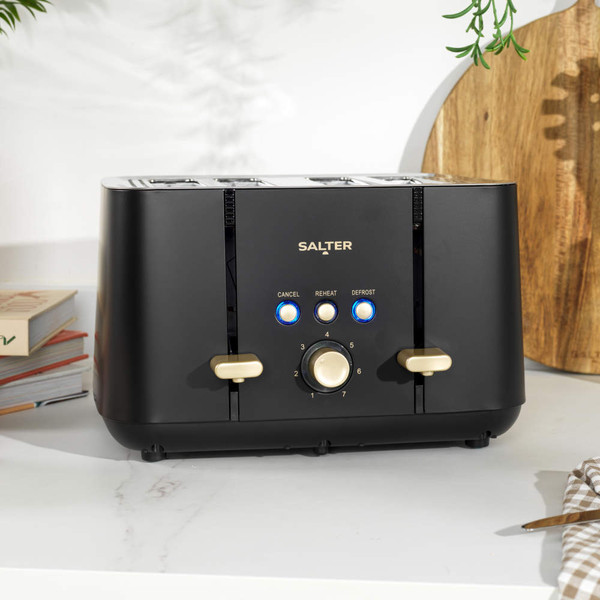 Salter Alchemy 4-slice toaster retail box, black and gold, high-res product packaging