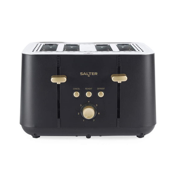 Four-slice black and gold toaster with reheat, defrost, and cancel buttons, front view