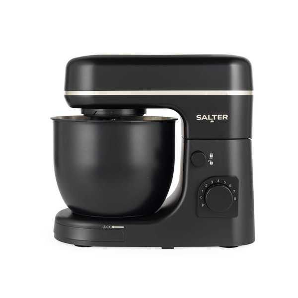 Black and gold stand mixer with Salter branding, bowl attached, product image.