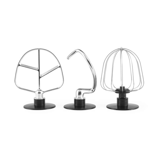Set of three stand mixer attachments: beater, dough hook, and whisk.