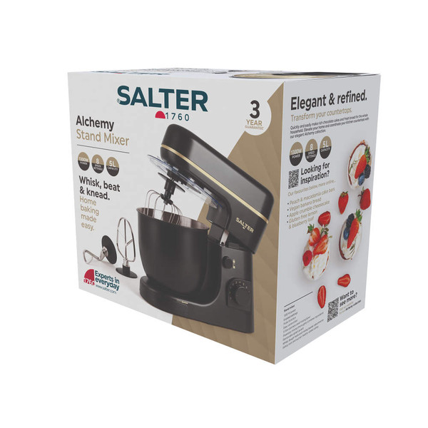 Salter Alchemy stand mixer box showing black and gold mixer with bowl attachments, 5L capacity.