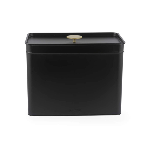 Black metal storage tin with gold knob lid, shown front view