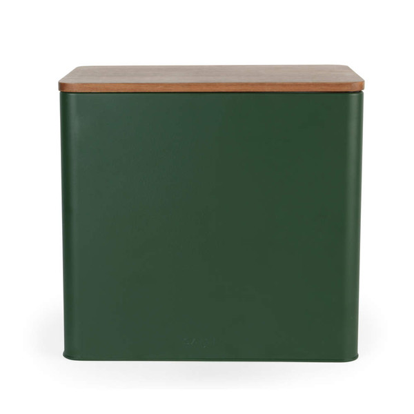 Green metal kitchen bin with removable wooden lid, shown open