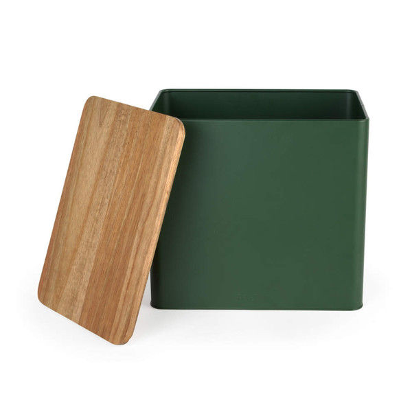 Green metal kitchen bin with removable wooden lid, shown open