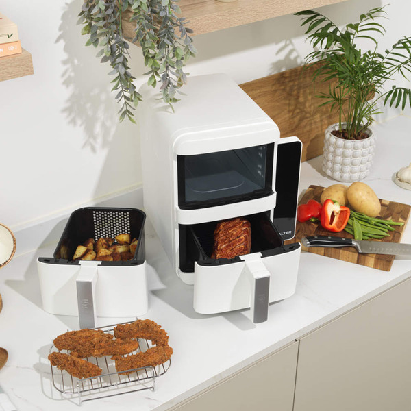 White dual basket air fryer, front view, Salter branding on right panel