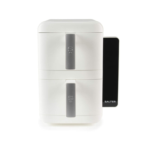 White dual basket air fryer, front view, Salter branding on right panel