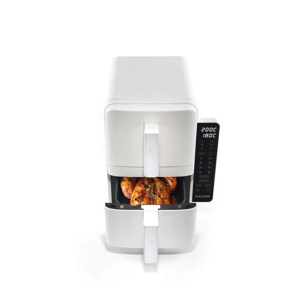 Salter dual drawer air fryers in black and white on kitchen counter