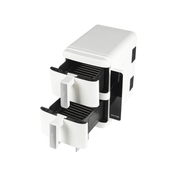 White dual drawer air fryer with Salter logo, shown open for product listing.