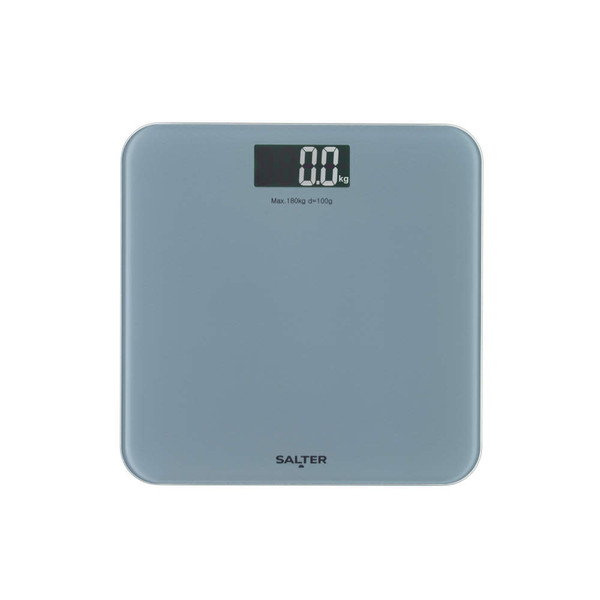 Grey digital bathroom scale with large display, square design, showing 0.0kg