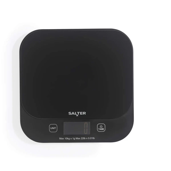 Black digital kitchen scale with Salter logo, shown from above with display reading zero