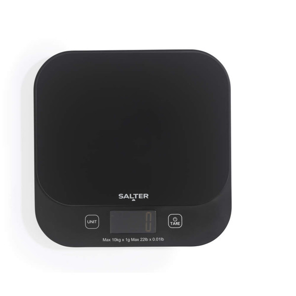 Black digital kitchen scale with Salter logo, shown from above with display reading zero