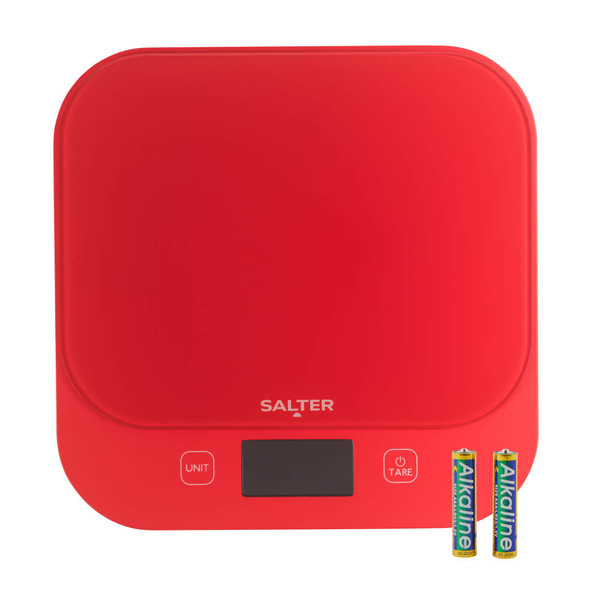 Red Salter digital kitchen scale with display, two AAA batteries included