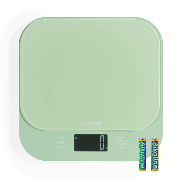 Green digital kitchen scale with LCD display and two AA batteries