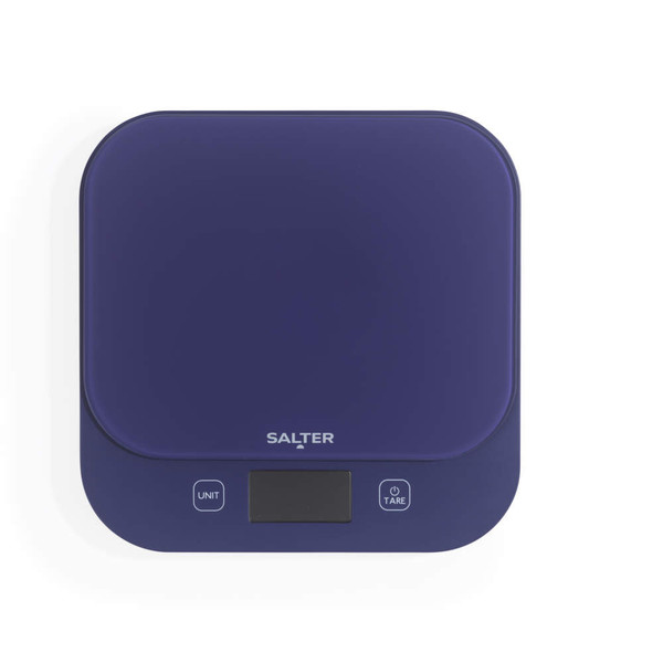 Blue digital kitchen scale with display and buttons, top view