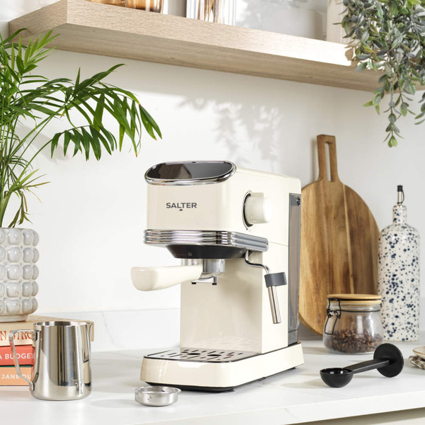 Cream Salter espresso coffee machine with steam wand and portafilter, side angle