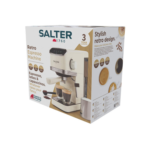Salter retro espresso machine in cream, pictured on retail box packaging