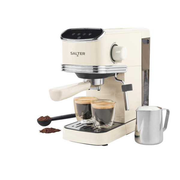Cream espresso coffee machine with two cups, milk frother, and coffee scoop