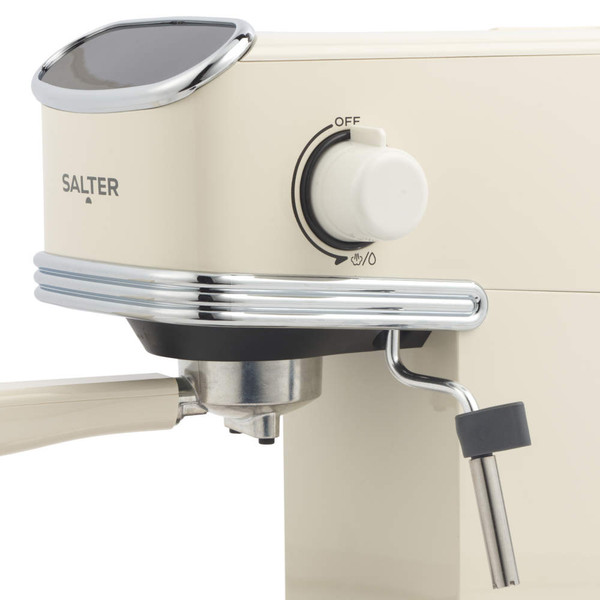 Cream Salter espresso machine close up showing control dial and portafilter.