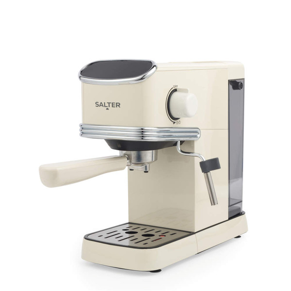 Cream Salter espresso coffee machine with steam wand and portafilter, side angle