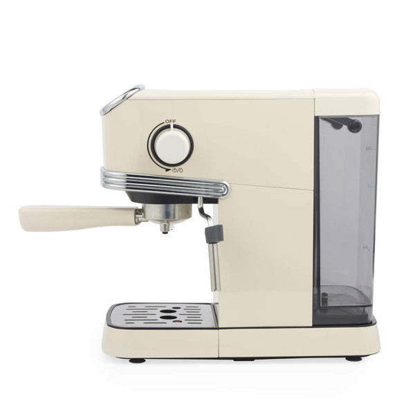 Cream espresso coffee machine with portafilter and steam wand, shown side view