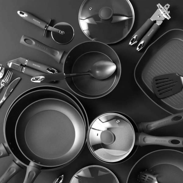 Set of non-stick black cookware and utensils, Salter brand, shown from above.