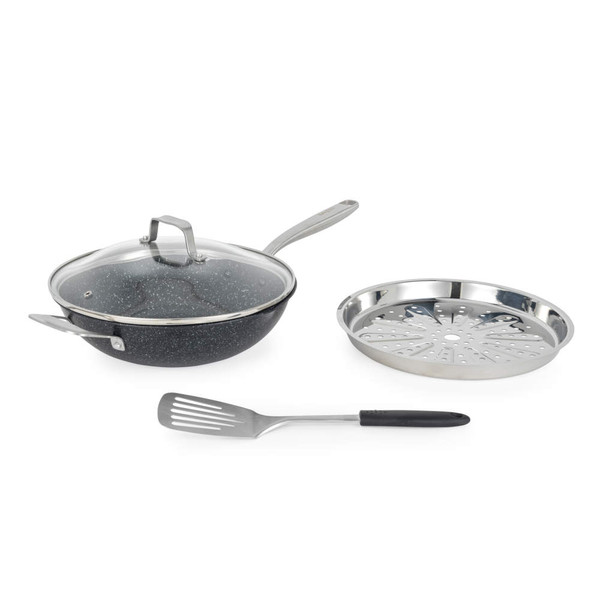 Non-stick black speckled wok with glass lid, metal steamer insert, and slotted spatula