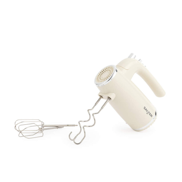 Cream handheld electric mixer with beater and dough hook attachments, angled side view.