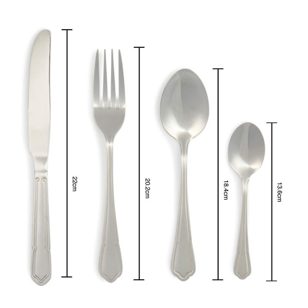 Stainless steel cutlery set, 4 pieces shown with measurements: knife, fork, tablespoon, teaspoon.