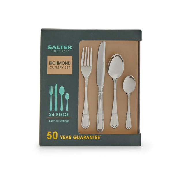 Silver 24 piece cutlery set in box showing 6 place settings, Salter Richmond range
